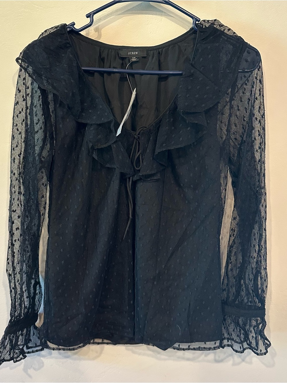 NWT J.CREW Ruffleneck Clip Dot Black Sheer Mesh Polka Dot Blouse Long Sleeve XS